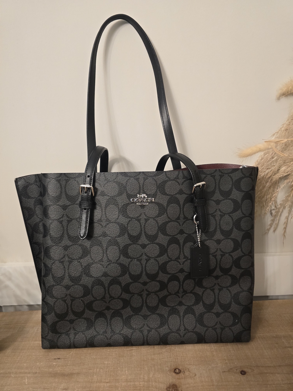 Coach Black Signature Canvas Tote with Burgundy Lining